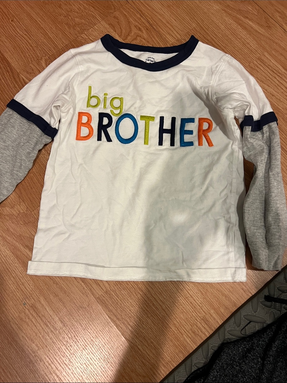 Carter's White Long-Sleeve 'Big Brother' Tee with Gray Sleeves and Navy Trim
